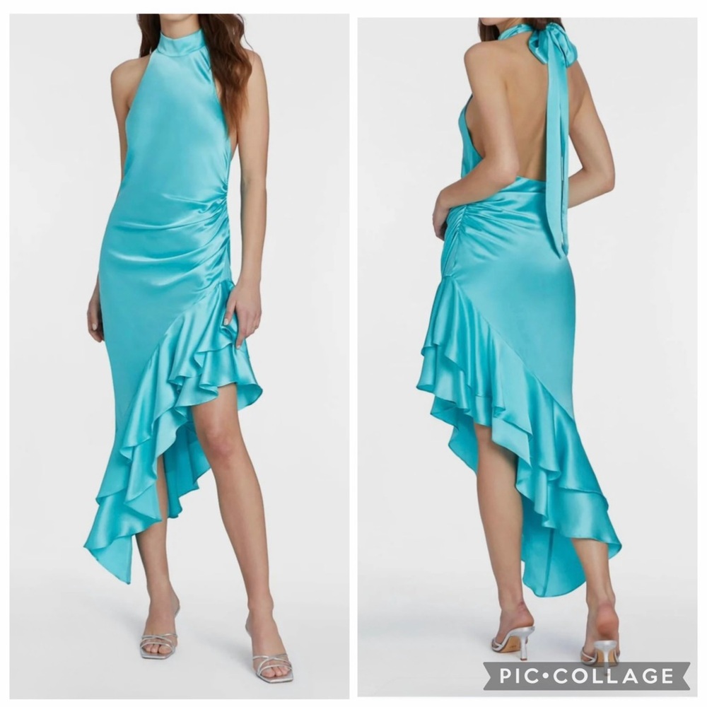NWT Amanda Uprichard Shaena Midi Silk Halter dress Moana Aqua Blue sz medium